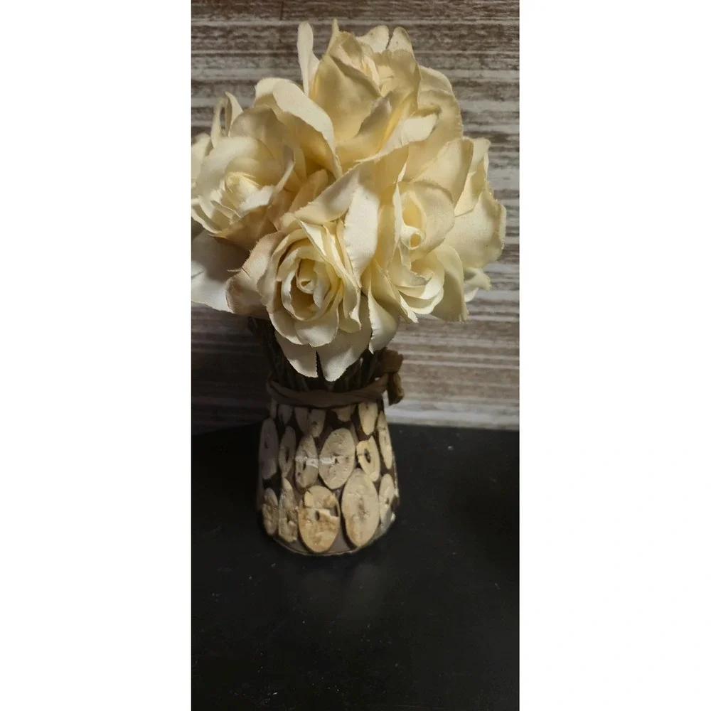 Cream Faux Rose Floral Arrangement in Rustic Wood Slice Base Farmhouse‎ Decor